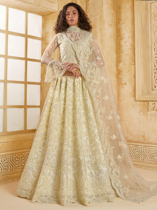 mystrical Ivory Color Heavy Embroidered Net Lehenga Choli With Dupatta