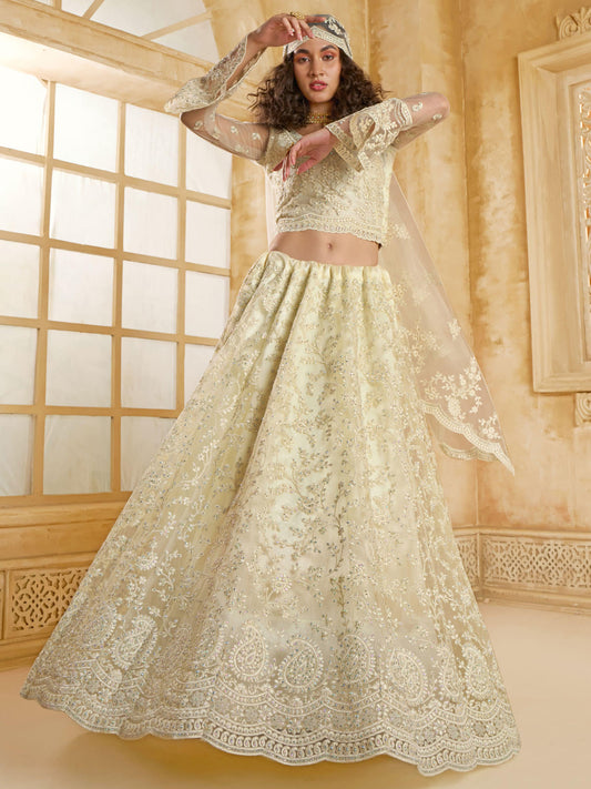 mystrical Ivory Color Heavy Embroidered Net Lehenga Choli With Dupatta