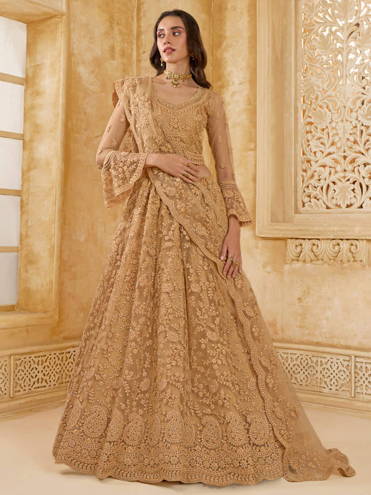 Mystrical Golden Color Heavy Embroidered Net Lehenga Choli With Dupatta