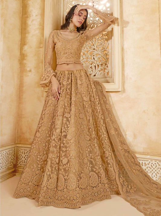 Mystrical Golden Color Heavy Embroidered Net Lehenga Choli With Dupatta
