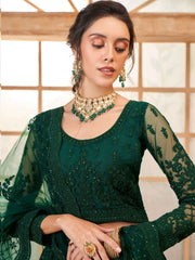 Bottle Green Color Heavy Embroidered Net Lehenga Choli With Dupatta