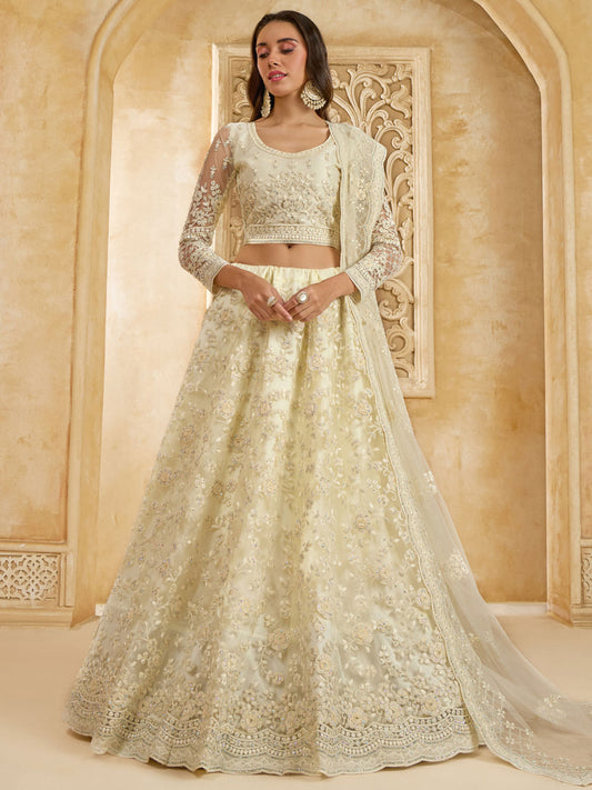 Beautiful Ivory Color Heavy Embroidered Net Lehenga Choli With Dupatta