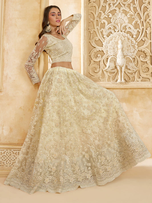 Beautiful Ivory Color Heavy Embroidered Net Lehenga Choli With Dupatta