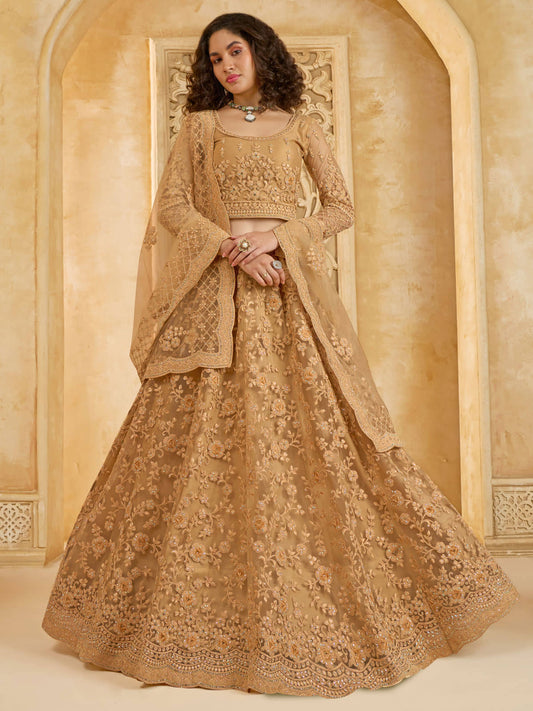 Beautiful Golden Color Heavy Embroidered Net Lehenga Choli With Dupatta