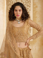 Beautiful Golden Color Heavy Embroidered Net Lehenga Choli With Dupatta