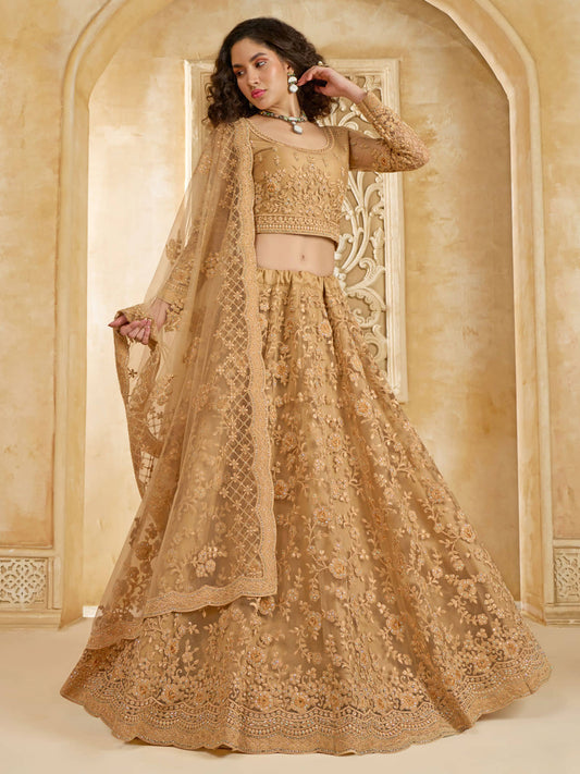 Beautiful Golden Color Heavy Embroidered Net Lehenga Choli With Dupatta