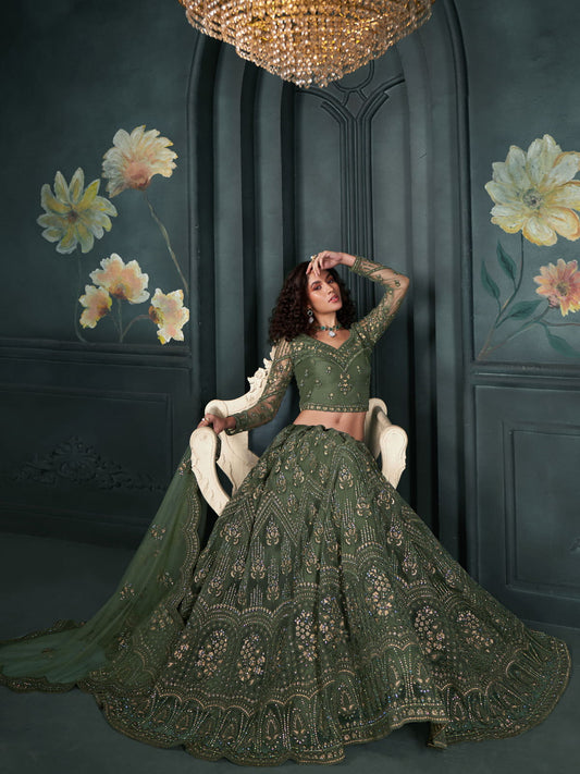 Mehendi Green Heavy Embroidered Bridal Lehenga Choli