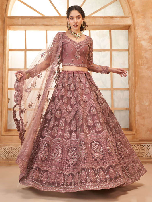 Brown Color Heavy Embroidered Net Lehenga Choli With Dupatta