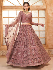 Brown Color Heavy Embroidered Net Lehenga Choli With Dupatta