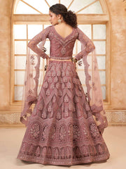 Brown Color Heavy Embroidered Net Lehenga Choli With Dupatta