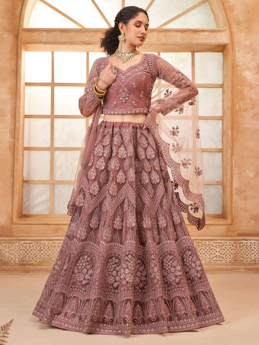 Brown Color Heavy Embroidered Net Lehenga Choli With Dupatta