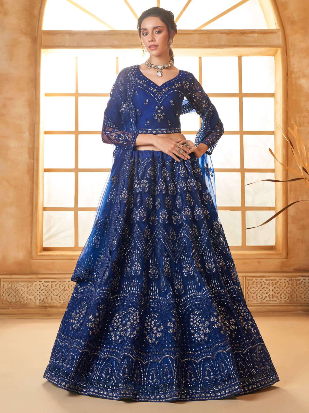 Royal Blue Color Heavy Embroidered Net Lehenga Choli With Dupatta