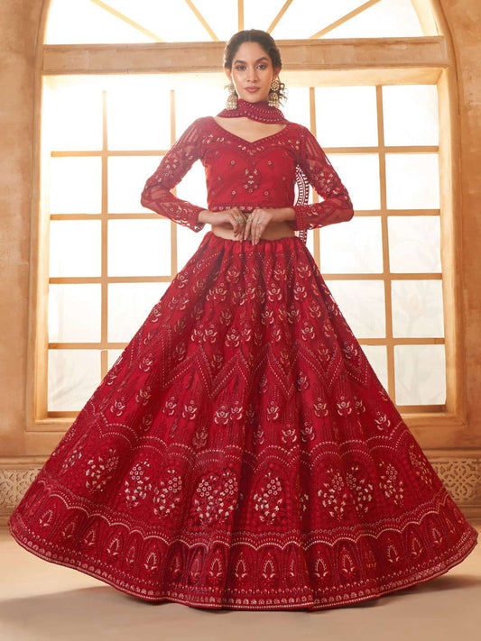 Red Color Heavy Embroidered Net Lehenga Choli With Dupatta