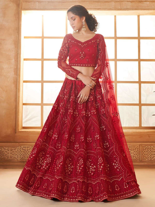 Red Color Heavy Embroidered Net Lehenga Choli With Dupatta