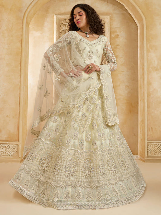 Ivory Color Heavy Embroidered Net Lehenga Choli With Dupatta