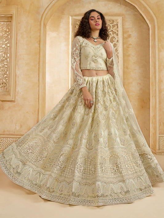 Ivory Color Heavy Embroidered Net Lehenga Choli With Dupatta