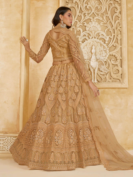 Golden Color Heavy Embroidered Net Lehenga Choli With Dupatta