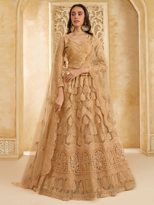 Golden Color Heavy Embroidered Net Lehenga Choli With Dupatta