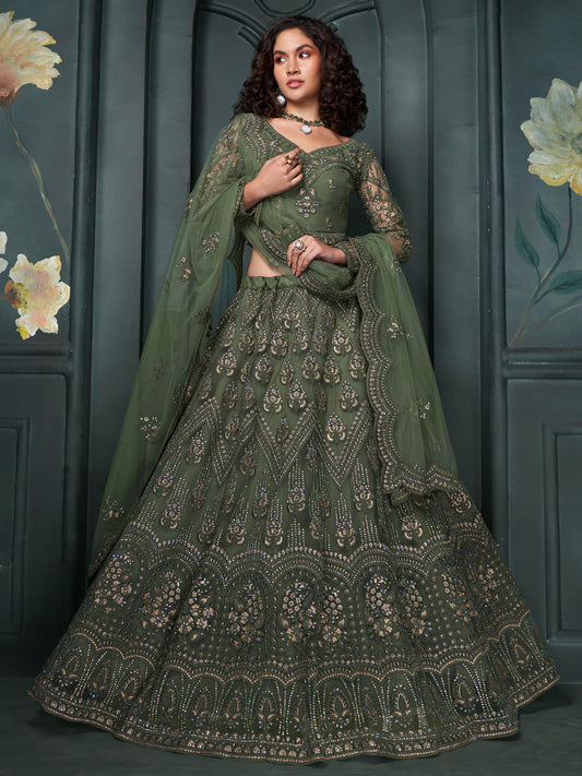 Mehendi Green Heavy Embroidered Bridal Lehenga Choli