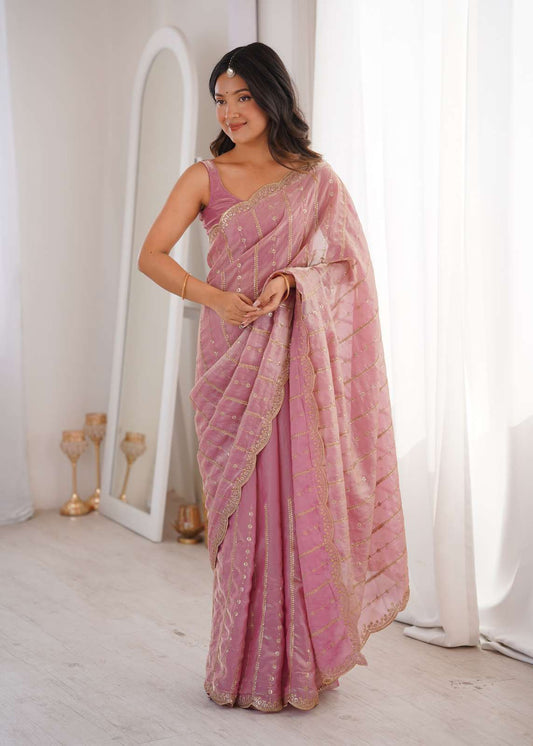 Pink Fendi Satin Sequence Embroidery Saree