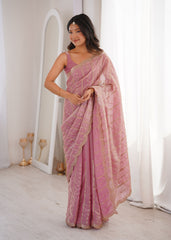 Pink Fendi Satin Sequence Embroidery Saree