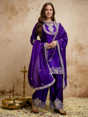 Dark Purple Designer Chanderi Cottan Partywear Kurta Set