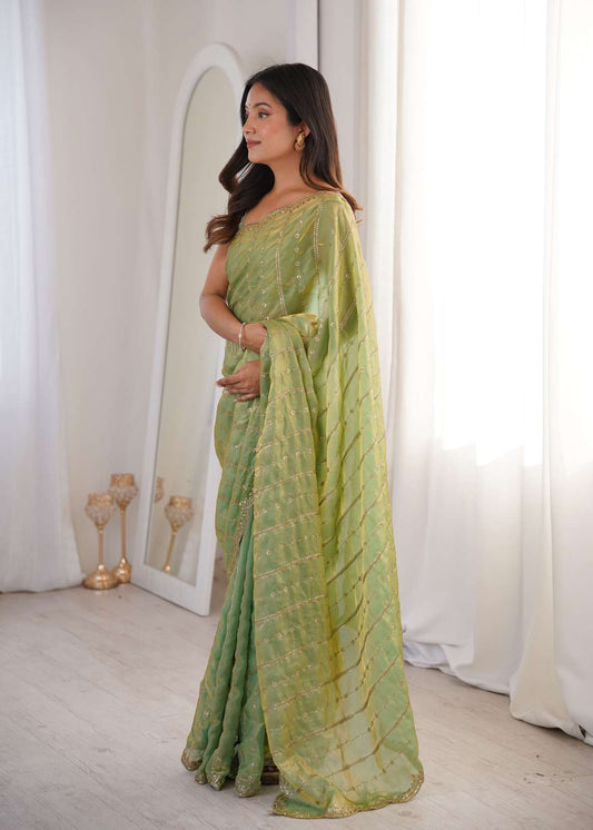 Green Fendi Satin Sequence Embroidery Saree
