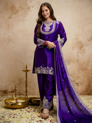 Dark Purple Designer Chanderi Cottan Partywear Kurta Set