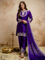 Dark Purple Designer Chanderi Cottan Partywear Kurta Set