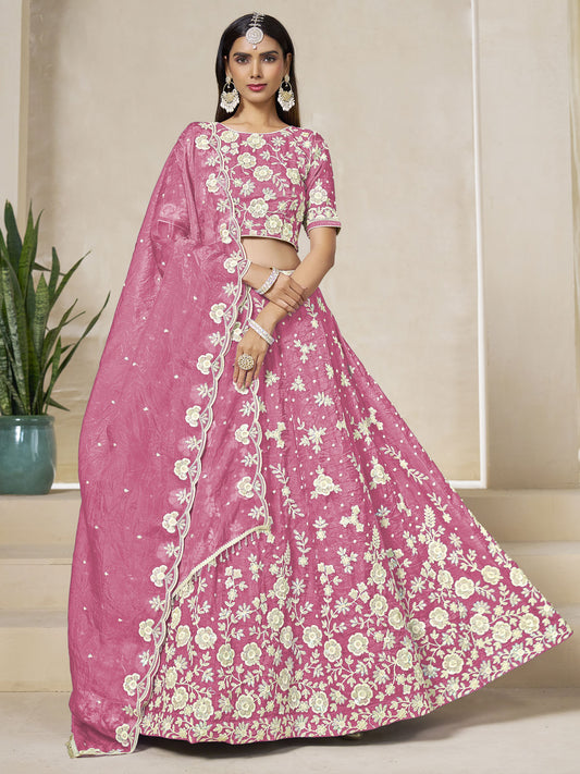 Embroidered Crush Lehenga Choli in Pink