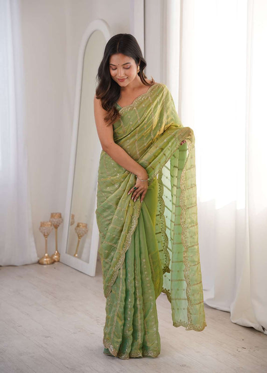 Green Fendi Satin Sequence Embroidery Saree