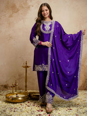 Dark Purple Designer Chanderi Cottan Partywear Kurta Set