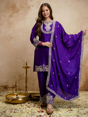 Dark Purple Designer Chanderi Cottan Partywear Kurta Set