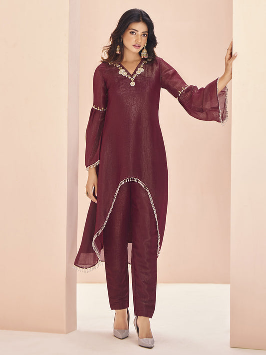 Floral Embroidered Regular Beads Work Organza A-Line Kurta With Trouser
