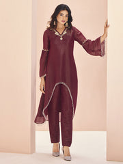 Floral Embroidered Regular Beads Work Organza A-Line Kurta With Trouser