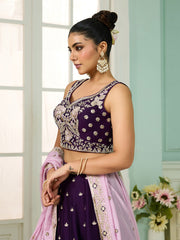 Burgundy Georgette Fabric Sequins embroidery Semi-Stitched Lehenga & Unstitched Blouse With Dupatta