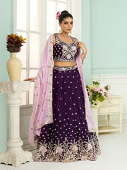 Burgundy Georgette Fabric Sequins embroidery Semi-Stitched Lehenga & Unstitched Blouse With Dupatta