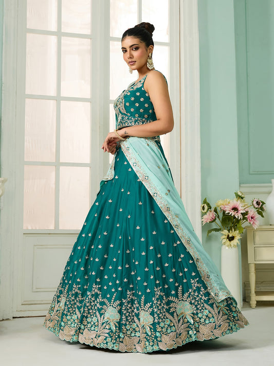 Green Georgette Fabric Sequins embroidery Semi-Stitched Lehenga & Unstitched Blouse With Dupatta