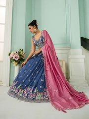 Blue Silk Fabric Sequins embroidery Semi-Stitched Lehenga & Unstitched Blouse With Dupatta
