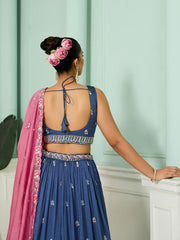 Blue Silk Fabric Sequins embroidery Semi-Stitched Lehenga & Unstitched Blouse With Dupatta