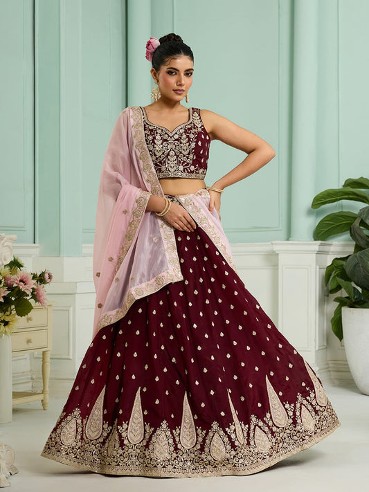 Maroon Organza Fabric Sequins embroidery Semi-Stitched Lehenga & Unstitched Blouse With Dupatta