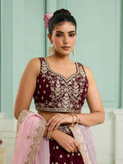 Maroon Organza Fabric Sequins embroidery Semi-Stitched Lehenga & Unstitched Blouse With Dupatta