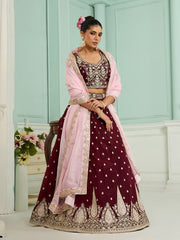 Maroon Organza Fabric Sequins embroidery Semi-Stitched Lehenga & Unstitched Blouse With Dupatta