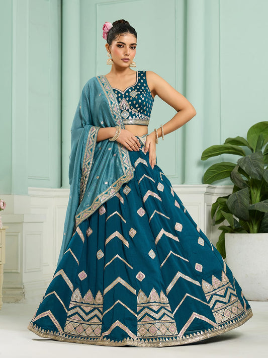 Teal Silk Fabric Sequins embroidery Semi-Stitched Lehenga & Unstitched Blouse With Dupatta
