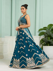 Teal Silk Fabric Sequins embroidery Semi-Stitched Lehenga & Unstitched Blouse With Dupatta