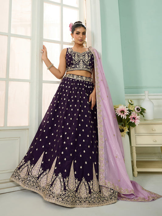 Purple Organza Fabric Sequins embroidery Semi-Stitched Lehenga & Unstitched Blouse With Dupatta