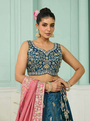 Teal Silk Fabric Sequins embroidery Semi-Stitched Lehenga & Unstitched Blouse With Dupatta