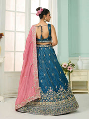 Teal Silk Fabric Sequins embroidery Semi-Stitched Lehenga & Unstitched Blouse With Dupatta