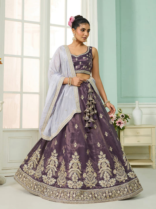 Purple Tissue Fabric Sequins embroidery Semi-Stitched Lehenga & Unstitched Blouse With Dupatta