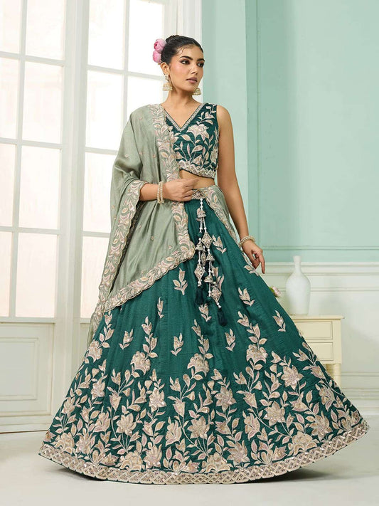Green Silk Fabric Sequins embroidery Semi-Stitched Lehenga & Unstitched Blouse With Dupatta
